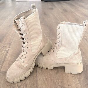 Steve Madden Women Beige Tan Hunt Combat Boots Suede Knit High Top Lace Up Sz 10